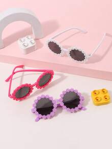 3 件装女孩 6-12 岁糖果色波西米亚可爱花朵框时尚眼镜适合度假出游和日常服装搭配 - 彩色 - 查看 3