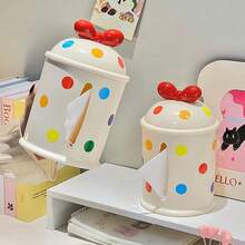 1PC Cute Bow Polka Dot Tissue Box Holder, Round Plastic Multifunctional Dispenser For Living Room And Dining Table Decor, Modern Home Accessory, Dining Table Accessory | Decorative Tissue Box | Plastic Construction, Tissue Box Holder
