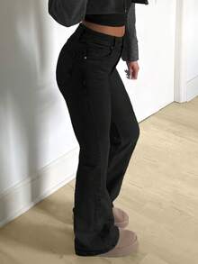 MYOURSA Low Rise School Y2k Flare Leg Jeans - Black - View 2