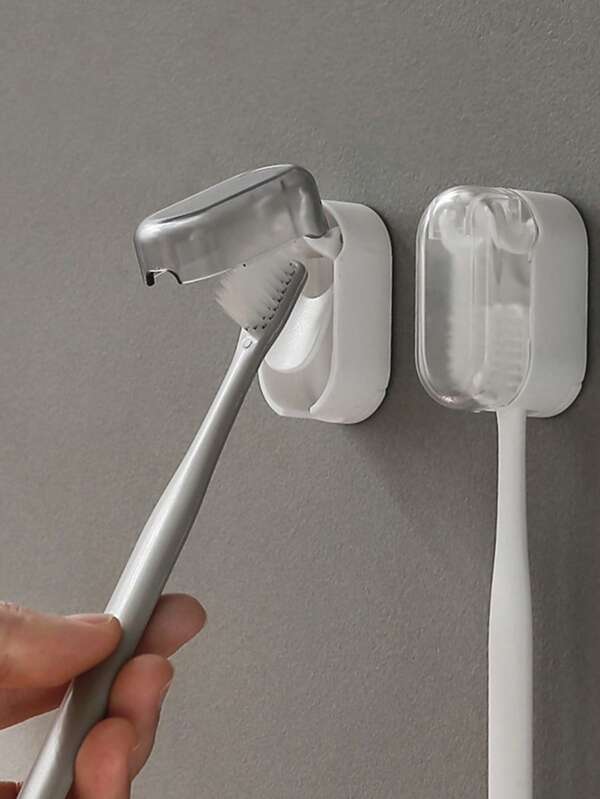 2pcs Wall-Mounted Toothbrush Holders With Covers, No-Drill Installation, Multi-Compartment Organizer For Bathroom Hygiene, Toothbrush Storage Solution Modern Bathroom Accessory No-Drill Installation, Toothbrush Holder Wall Mount Bathroom Accessories