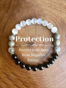 1 件水晶手链，黑色电气石拉长石手链，8 毫米圆形宝石首饰，适合男女