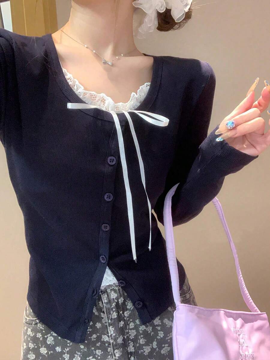 韩版纯色蕾丝拼布单排扣长袖打底T恤女上衣，图案随意裁剪 - 藏蓝色 - 查看 1