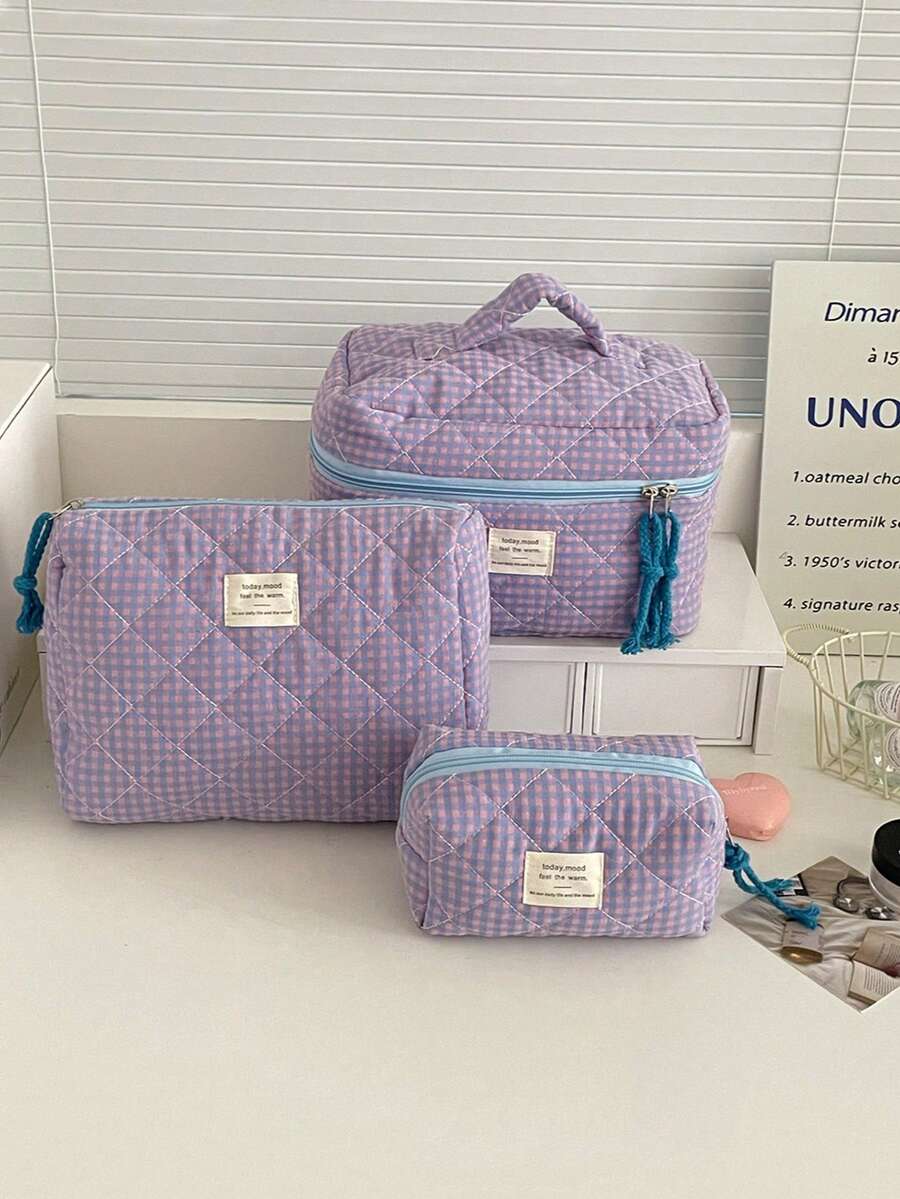 1Pc/Set Colorblock Gingham Print Quilted Travel Makeup Bag Makeup Bags Clutch With Zipper Closure For Cosmetics,Skin Care,Brush,Lipstick,Hand Cream,Mobile Phone,Jewelry,Coin,Small Items Multi-Functional Storage Bag Wallet Makeup Bag Set Makeup Bag Cosmetic Bag Makeup Case Toiletry Bag Skincare Bag Gift For Friends Valentine's Gift Bridesmaid Gifts Teacher Gifts Mom Gifts Back To School Gift Travel Essentials Cruise Essentials Dorm Essentials - Purple - View 1