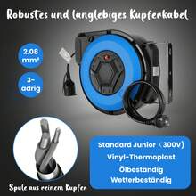 Enrollador de cable automático profesional de 15 m + 2 m, cable giratorio de 180°, apto para uso interior y exterior, con protección contra sobrecargas, 1500-3000 W.