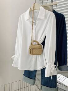 女士纯色简约日常穿搭纽扣前开襟短后长衬衫 白色 春季 - 白色 - 查看 1