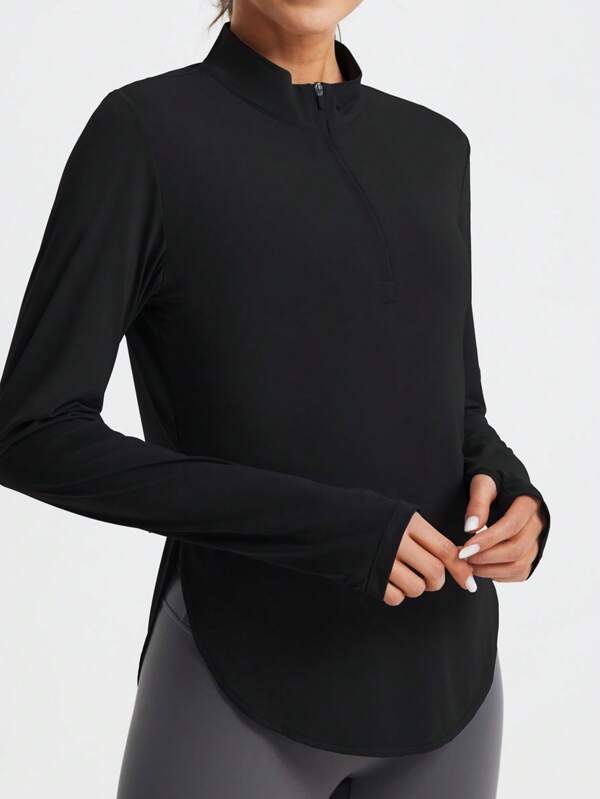Women's Minimalist Athletic Cover Up Long Sleeve, UV Protection Sun Shirt With Thumb Holes & Quarter Zip, Moisture Wicking Streetwear For Hiking, Gym Or Beach