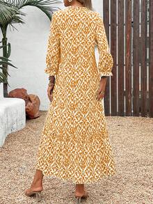 女士 V 领灯笼袖花卉印花长袖连衣裙 - 橘色 - 查看 7