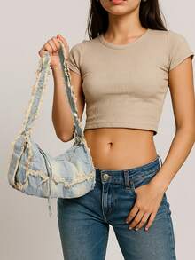 Y2K Distressed Denim Print Underarm Bag, Large-Capacity Tassel-Decorated Baguette Bag, Retro Casual Shoulder Bag, Street-Style Women's Niche Design Handbag, Suitable For Daily Campus Life, Weekend Shopping, Dating Parties - Multicolor - View 4