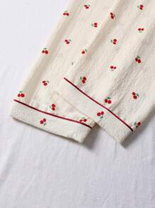 3pcs/Set Bubble Textured Cherry Print Sleepwear Set For Women - Short Sleeve Button Collar Top And Shorts And Pants