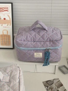 1Pc/Set Colorblock Gingham Print Quilted Travel Makeup Bag Makeup Bags Clutch With Zipper Closure For Cosmetics,Skin Care,Brush,Lipstick,Hand Cream,Mobile Phone,Jewelry,Coin,Small Items Multi-Functional Storage Bag Wallet Makeup Bag Set Makeup Bag Cosmetic Bag Makeup Case Toiletry Bag Skincare Bag Gift For Friends Valentine's Gift Bridesmaid Gifts Teacher Gifts Mom Gifts Back To School Gift Travel Essentials Cruise Essentials Dorm Essentials - Purple - View 4