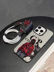 Anime 5-In-1 Character Phone Case + Charger Cover + Cable Protector + Storage Strap, TPU Shockproof Protective Case Compatible With Iphone 7/8/X/Xs/XR/XS Max/11/12/13/14/15/16 Pro Max - Black - View 4