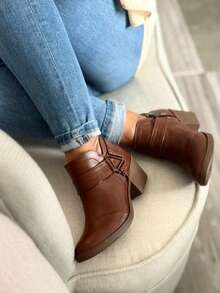 Botines casuaesl para mujer botines piel vegana anchas media pantorrilla botas occidentales negro botas cortas y gruesas clásicas comodas - Camel - Ver 1