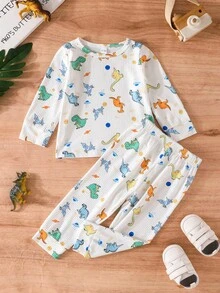 Bộ quần áo thun dài tay in hình khủng long/màu trơn mùa thu cho bé trai, phong cách giản dị, phong cách đi học - Nhiều màu - Xem 5