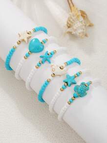 6pcs/Set Adorable Turtle & Starfish Beaded Bracelets, Suitable For Teens Beach Vacation Or Friendship Gift