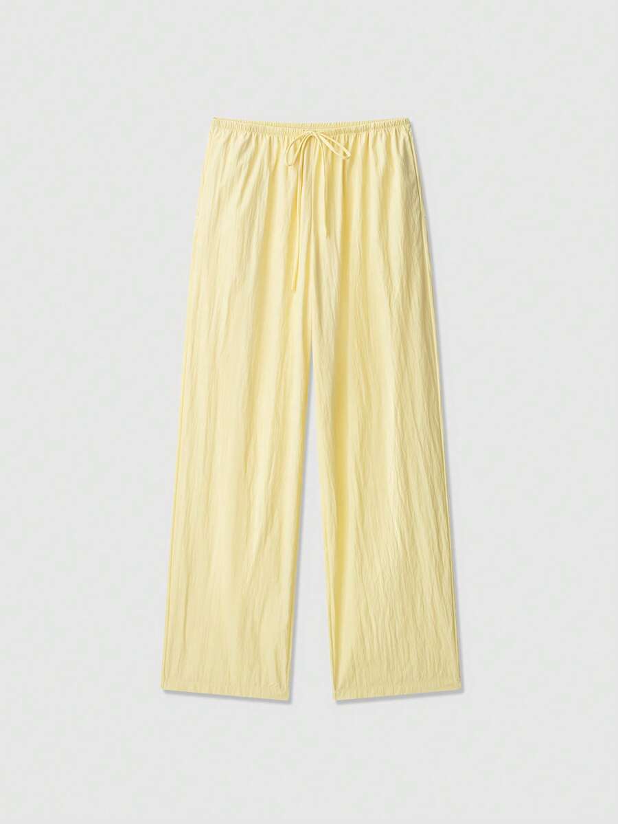 Butter Yellow Drawstring Pocket Mid-Waist Relaxed Casual Pants - Yellow - View 1