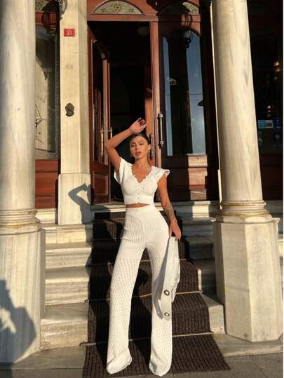 White Crochet Knit Two Pieces Set - Scallop Edge Crop Top & High Waist Wide Leg Pants For Summer Brunches, Holiday Walks & Resort Chic Looks