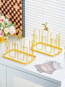1pc Gold Cup Holder With 6 Storage Racks, Cup Organizer Rack Suitable For Glass Cups, Beer Mugs, Ceramic Mugs Etc., With Drip Tray, Convenient To Use, Minimalist Gold Design, Thick Material, Home Decor And Storage Accessory - Multicolor - View 4