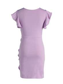 Women's Ruffle Trim Bodycon Midi Dress V Neck Flutter Sleeve Ruched Side Party Dress For Wedding Guest - Dusty Purple - View 6