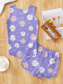 2 Peças Conjunto de Pijamas Ajustados para Meninas, Regata e Shorts Estampados com Margarida, Roupa Íntima Respirável e Confortável de Verão