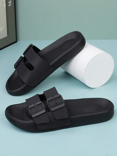 Sandalias de casa de suela gruesa, cómoda y suave con doble correa y hebilla, para hombres, versátiles de primavera a verano. Sandalias casuales de exterior, tipo chanclas de playa, de unicolor simple y talla grande para hombres