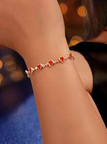 1 pieza Pulsera con cadena dorada y decoración de corazón rojo elegante para mujer, para fiesta, uso diario, festival, regalo de joyería