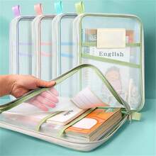 Back To School A4 Mesh Zipper File Bag | Double Layer Stationery Organizer With Large Capacity | Portable School Supplies For Students & Office - Pink - View 2