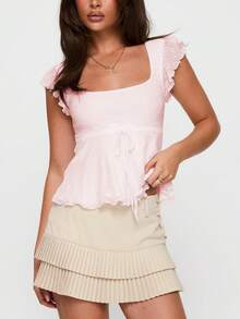 Women Y2K Floral Shirt Top Fairycore Lace Patchwork Short Sleeve Square Neck Tie Front Ruffle T Shirts Slim Fit Tunic Tops Summer Aesthetic Going Out Tops Tees Vintage Streetwear - 粉色 - 查看 3