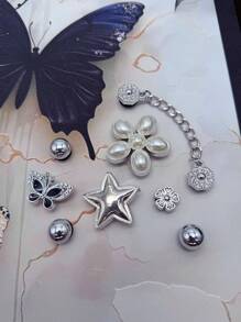 8pcs Silver Casual Fashion Shoe Charms (Pearl Flower, Big Star, Butterfly, Rhinestone Flower), Silver Chain DIY Decorative Accessories, Suitable For Women's Sandals, Slippers, Perforated Shoes, Sandals And Beach Bags - Perfect Gift For Holidays And Special Occasions