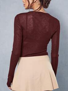 Women's Stretchy See-Through Long Sleeve Round Neck Slim Fit T-Shirt, Spring Casual Going Out Tops - Màu Đỏ Sâu - Xem 3