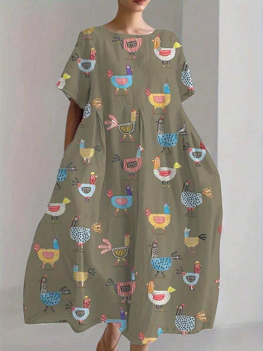 Women's Casual Elegant Dress With Random Insect & Heart Print, Pockets - Green - View 1