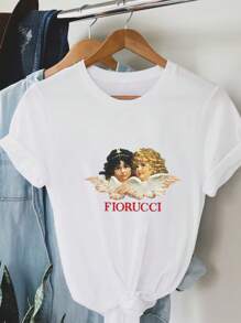 Maglietta casual da donna con grafica di angeli Fiorucci e cherubini alati vintage