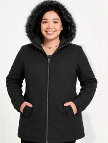 Chamarra Doble Vista con Capucha y Forro Acolchado, Modelo LAYLA, Acolchada, otoño, invierno, Ideal para Frío, Gorro de Peluche. - Negro - Ver 1