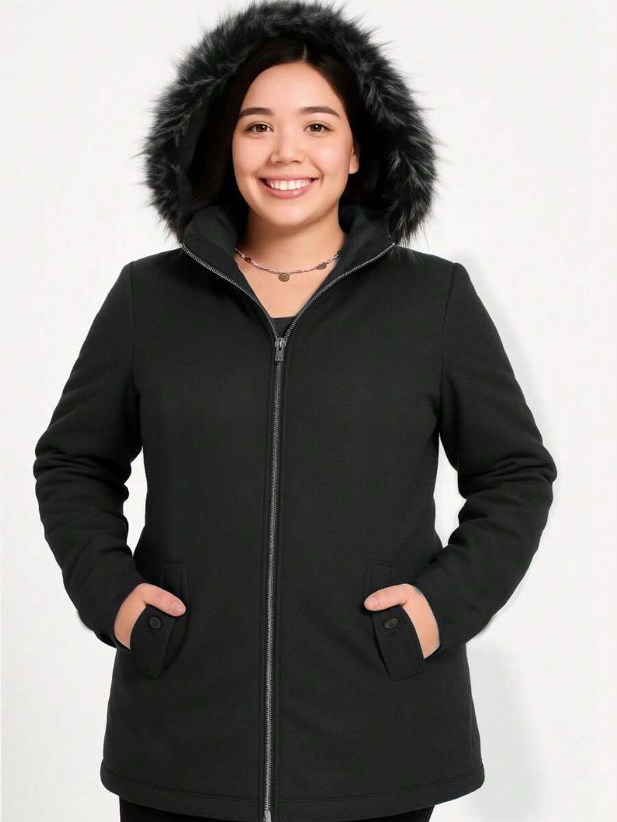 Chamarra Doble Vista con Capucha y Forro Acolchado, Modelo LAYLA, Acolchada, otoño, invierno, Ideal para Frío, Gorro de Peluche. - Negro - Ver 1