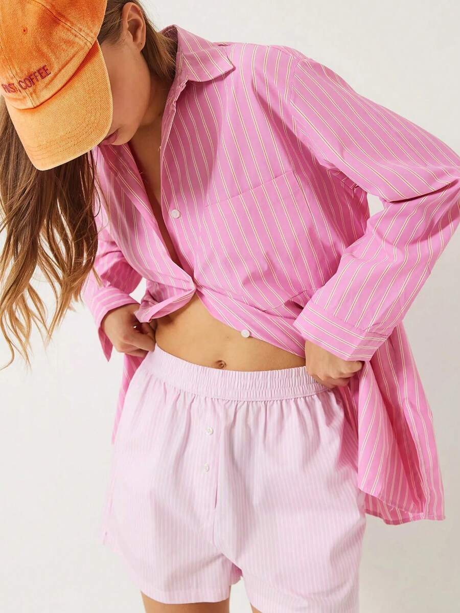 Chemise à manches longues rayée décontractée pour femmes BIANCO LUCCI, convenant pour les vêtements d'automne pour le travail, tenue d'aéroport pour femmes - Rose bonbon - Voir 1