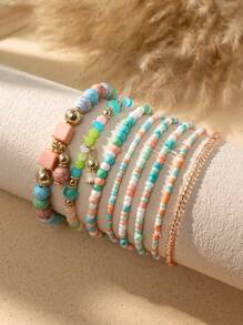 8pcs Bohemian Style Multi-Layer Beaded Bracelet Set, Colorful Beaded Stacking Bracelets For Daily Or Vacation Wear, Spring/Summer