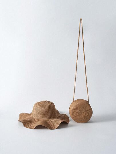Tropiscape Bộ đồ Boho 2 món dành cho nữ gồm mũ rộng vành lượn sóng màu kaki và túi đeo chéo tròn lớn bằng rơm đan, phù hợp cho kỳ nghỉ hàng ngày, du lịch, nghỉ dưỡng, mùa thu đông, phong cách cottagecore, trang phục mùa hè.