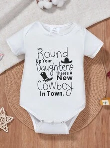 Newborn Baby Minimalist Letter Slogan Print Round Neck Short Sleeve Casual Romper