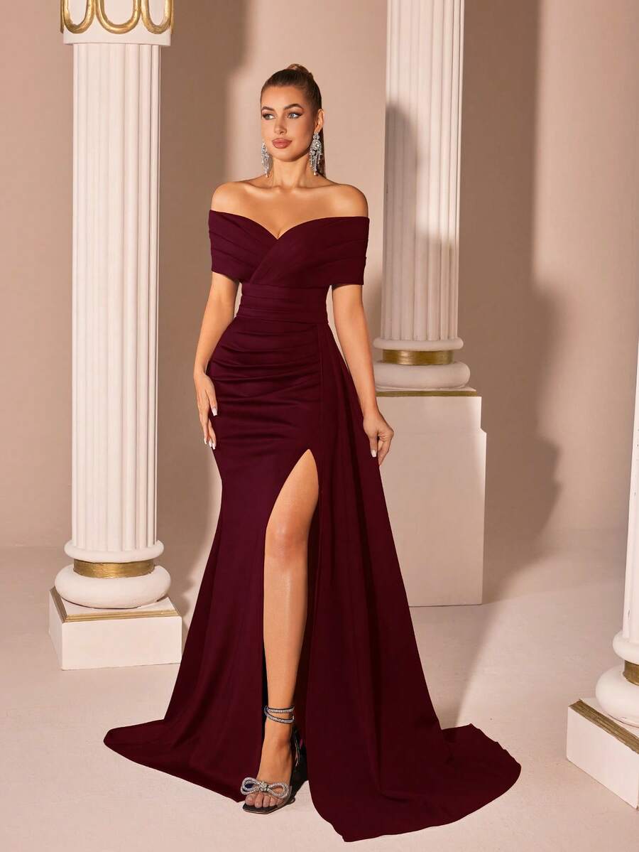 Elisanya Off Shoulder V-Neck High Waist Long Chiffon Slit Backless Formal Dress For Gala, Party, Evening - Burgundy - View 1
