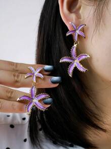 Fashionable Exaggerated Personalized Resort Style Starfish & Five-Petal Flower Women Earrings, Turquoise Five-Pointed Star Earrings Suitable For Resort Wear