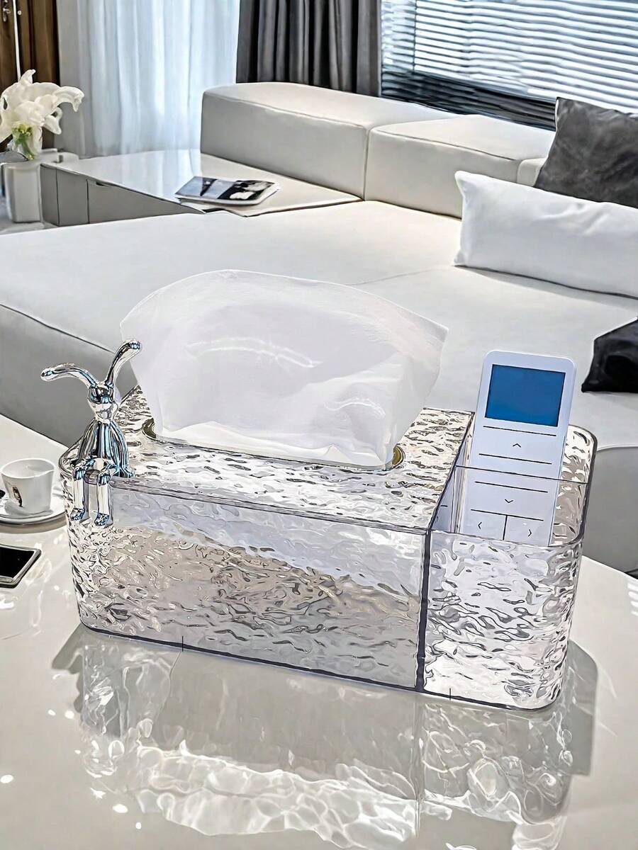 1 Pc Luxury Tissue Box With Spring Dispenser, Multifunctional Plastic Remote Control Holder, Suitable For Living Room And Dining Table, Rectangular Design Simple & Elegant, Fits Various Scenarios