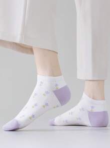 6 Pairs Light Purple Women's Socks, Rustic Style, Fashion Floral Women's Short Socks, Ankle Socks, Daily Casual Wear