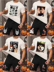Personalized 2 Pieces Men's Halloween Set, T-Shirt And Shorts, Casual, Loose Fit. Upload Your Own Text (Name, Slogan, Fun Text, Blessing), Photos (Partner, Pet, Group), Company Uniforms, Party Costumes. Suitable As A Gift For Boyfriend, Family, Friends For Birthday, Holidays, Valentine's Day, Anniversary. - White - View 3