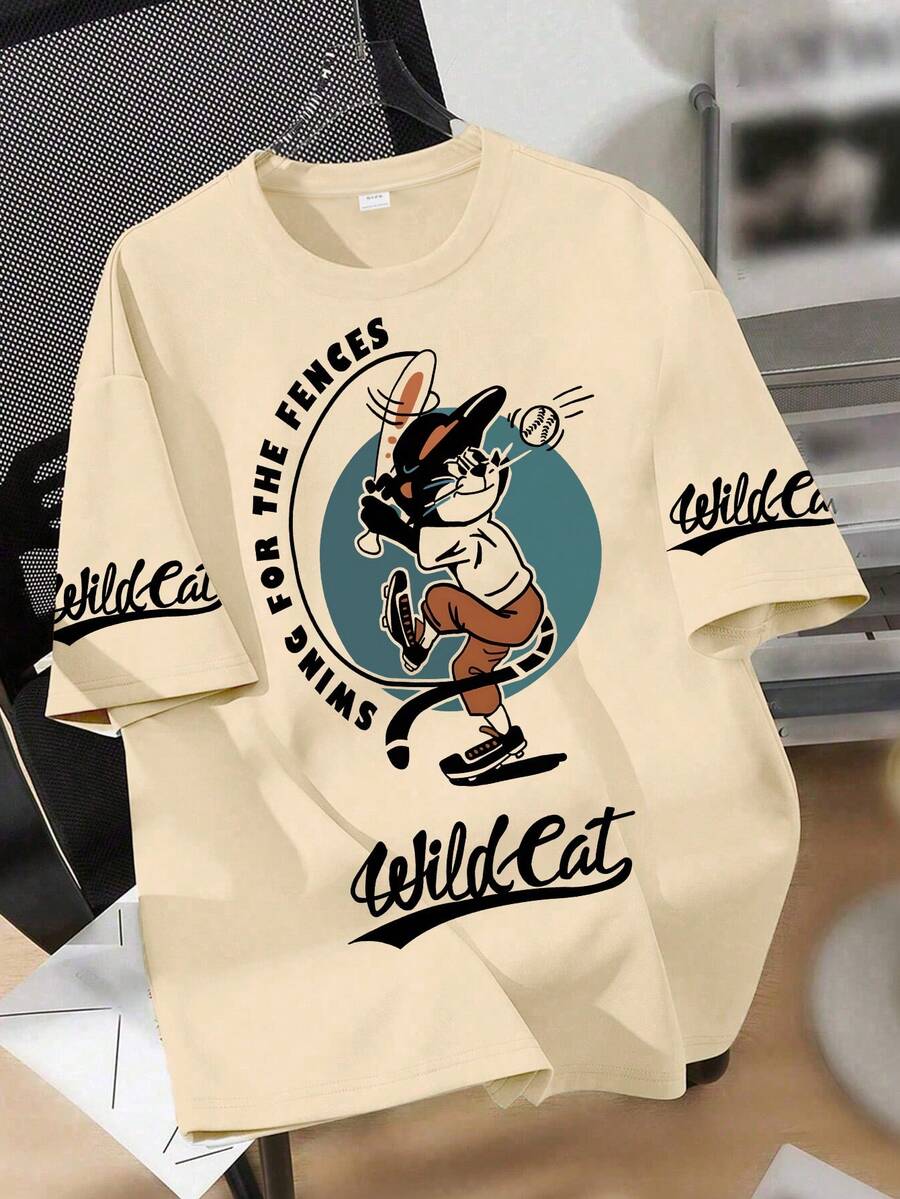 Teenage Boys' Cool Wildcat Baseball Print Soft Fabric Short Sleeve T-Shirt, Casual Sportswear, Spring/Summer, Teenage Boys Tops - Apricot - View 1