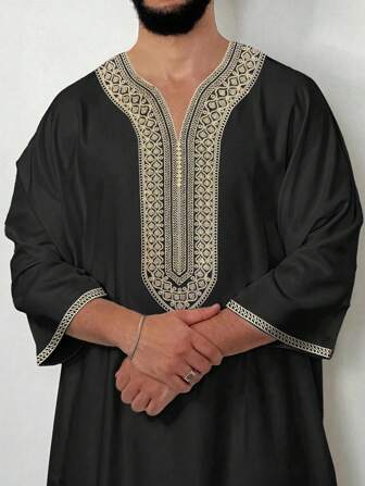 1pc Black Gandoura Style Embroidery Crafted Traditional Moroccan Men's Solid Color Robe, Middle Eastern Traditional Clothing