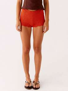 Women Knit Shorts Y2k Crochet Knitted Mini Shorts Cute Elastic Waist Solid Color Hollow Out Bottom Summer Beachwear Lounge Shorts - 橘色 - 查看 5