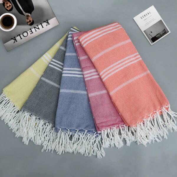 1pc Durable Quick-Dry Lightweight Turkish Towel, Non-Stick Sand Beach Towel, Striped Tassel Towel Beach Essentials