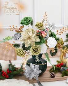 Artificial Flowers Combo, Champagne Silk Roses, Peonies, Dahlias With Stems For DIY Wedding Bouquets, Baby Shower, Table Centerpieces, Home Decor, Fake Floral Arrangements, Party Decorations - 金色 銀色 綠色 - 查看 4