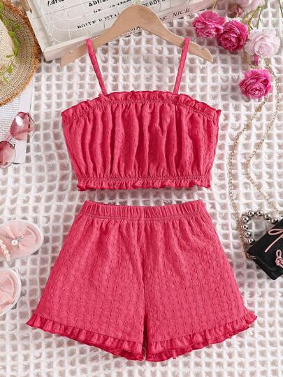 2pcs Girls Outdoor Casual Fashionable Outfit, Solid Color Camisole Tank Top And Ruffle Trim Shorts Set, Summer Vacation Cute Photo Shoot