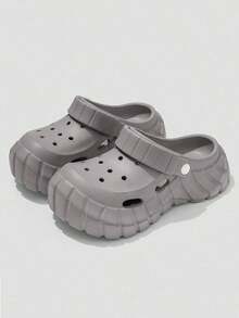 男士度假厚底镂空设计舒适透气一脚蹬凉鞋，纯色休闲家居鞋，沙滩户外拖鞋，防滑EVA，适合春夏季