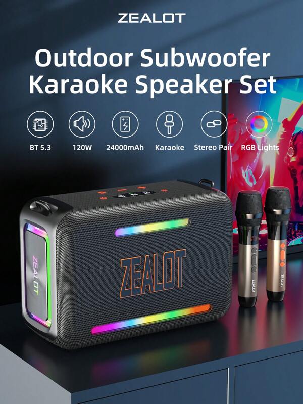 ZEALOT Zealot S95 Portable Wireless Bluetooth Microphone Speaker, 120W High Power, Built-In 24000mAh Battery, RGB Color Lights, Compatible With SD Card/USB/AUX, Supports Connection With Mobile Phones/Tablets/Computers/TVs, Suitable For Outdoor Camping/Parties/Home Theaters